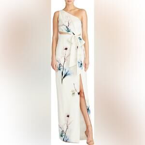 ML Monique Lhuillier one shoulder cutout white watercolor floral gown NEW